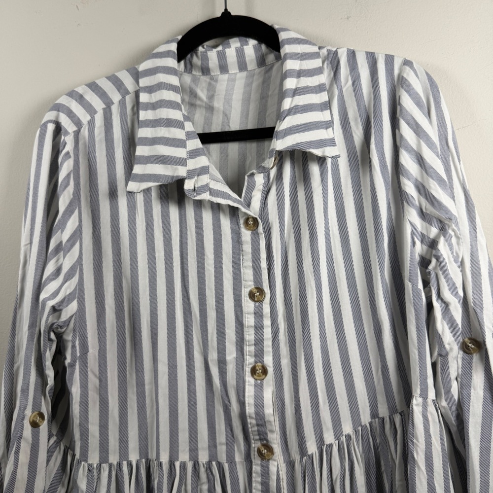 Shein Curve Striped Tunic Womens 1XL Blue White Modern Babydoll Button Down - Picture 2 of 9